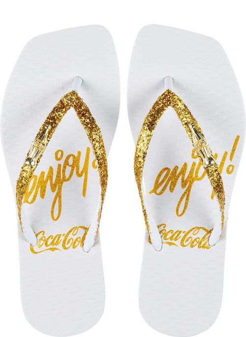 Chinelo Coca-Cola Shoes Enjoy Bright Square Branco Ouro