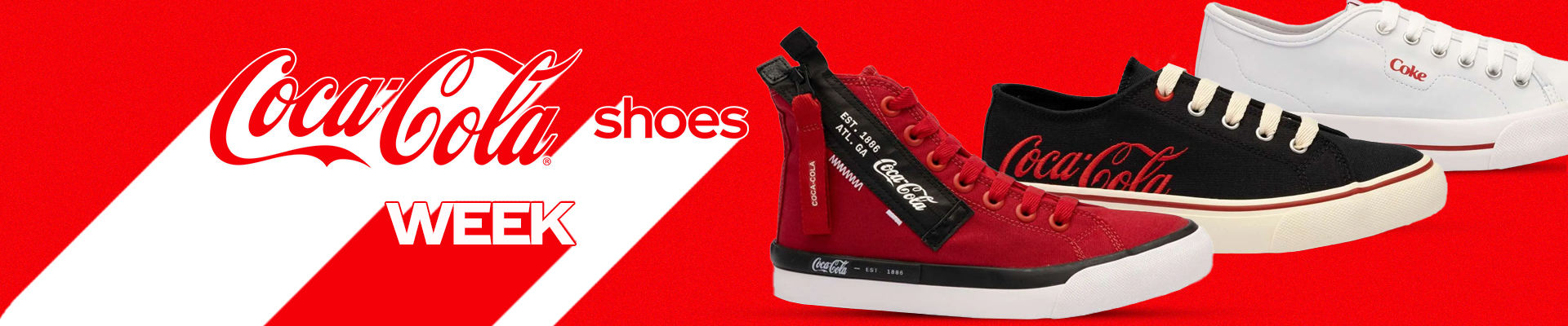 Banner promocional da Coca-Cola Shoes Week com tênis vermelho, preto e branco em destaque.